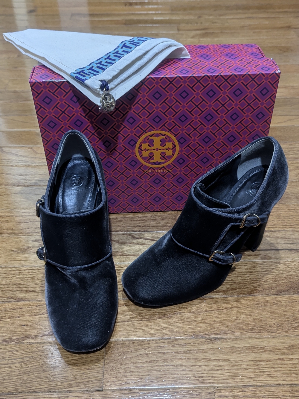 Tory Burch Black Velvet Double-Buckle Heeled Ankle Boots